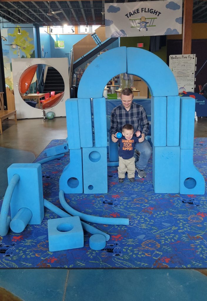 Try building with these blue blocks at Exploration Works with your family.