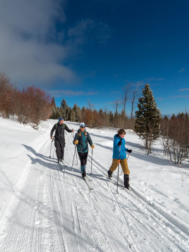 Three people cross country skiing