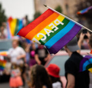 Rainbow flag with the word PEACE in the foreground, parade crowd in the background.