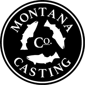 Circular black and white logo "Montana Casting Co." with fish.